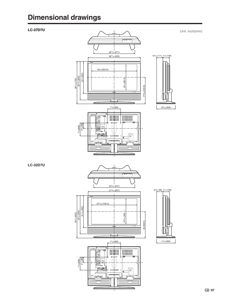 Dimensional drawings, Lc-37d7u, Unit: inch/(mm) | Sharp Aquos LC 32D7U User Manual | Page 98 / 101