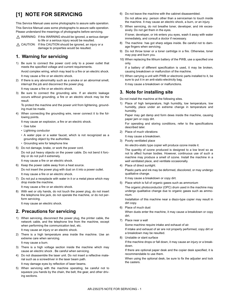 Warning for servicing, Precautions for servicing | Sharp AR-235 User Manual | Page 4 / 10