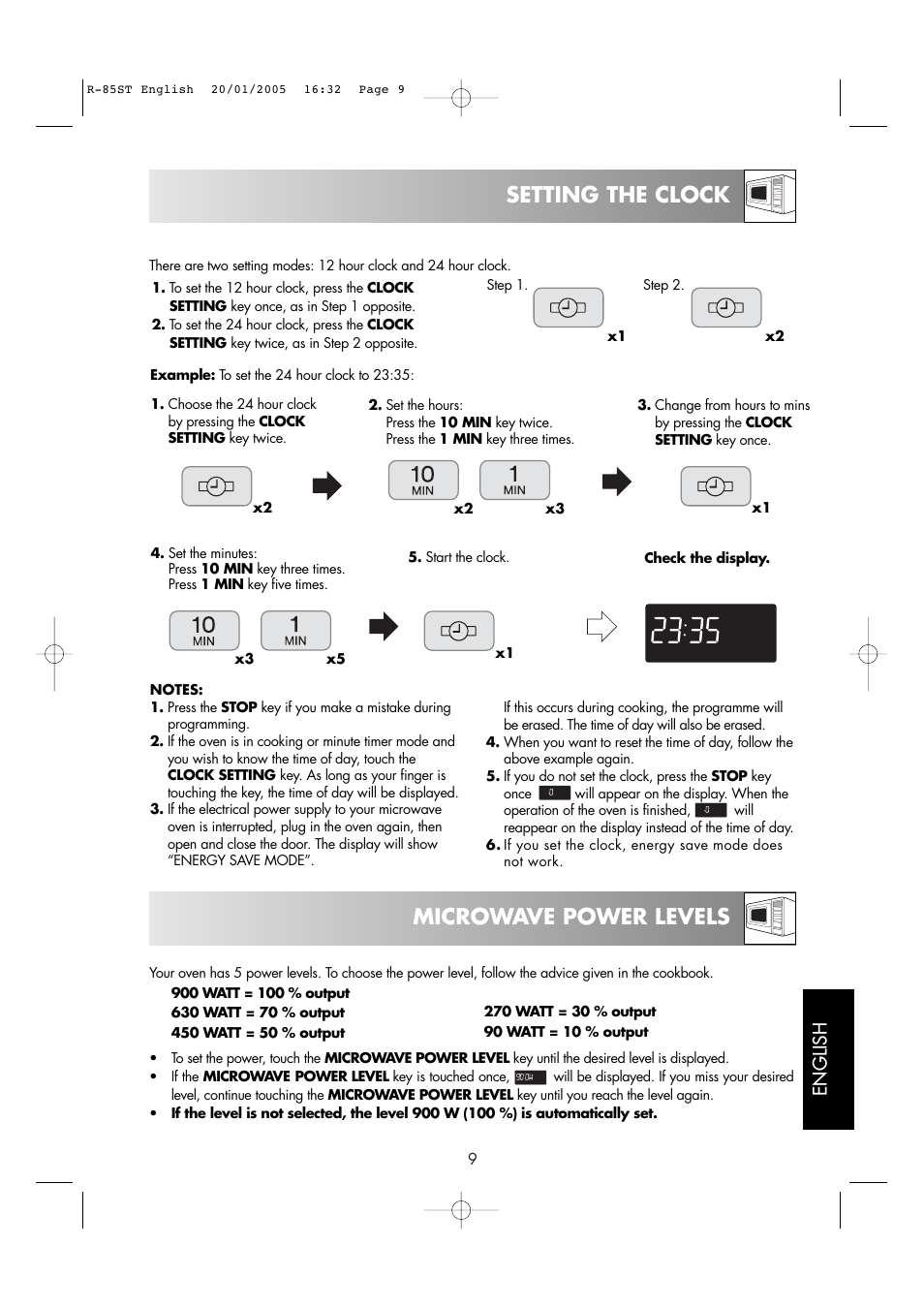 Setting the clock microwave power levels, English | Sharp R-85ST User Manual | Page 11 / 35