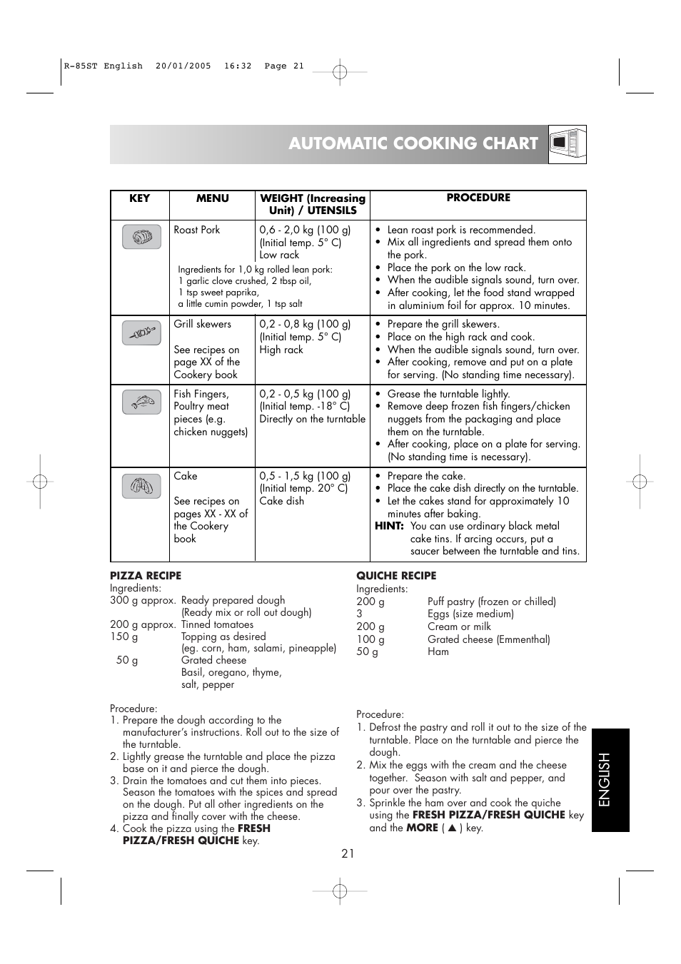 Automatic cooking chart, English | Sharp R-85ST User Manual | Page 23 / 35