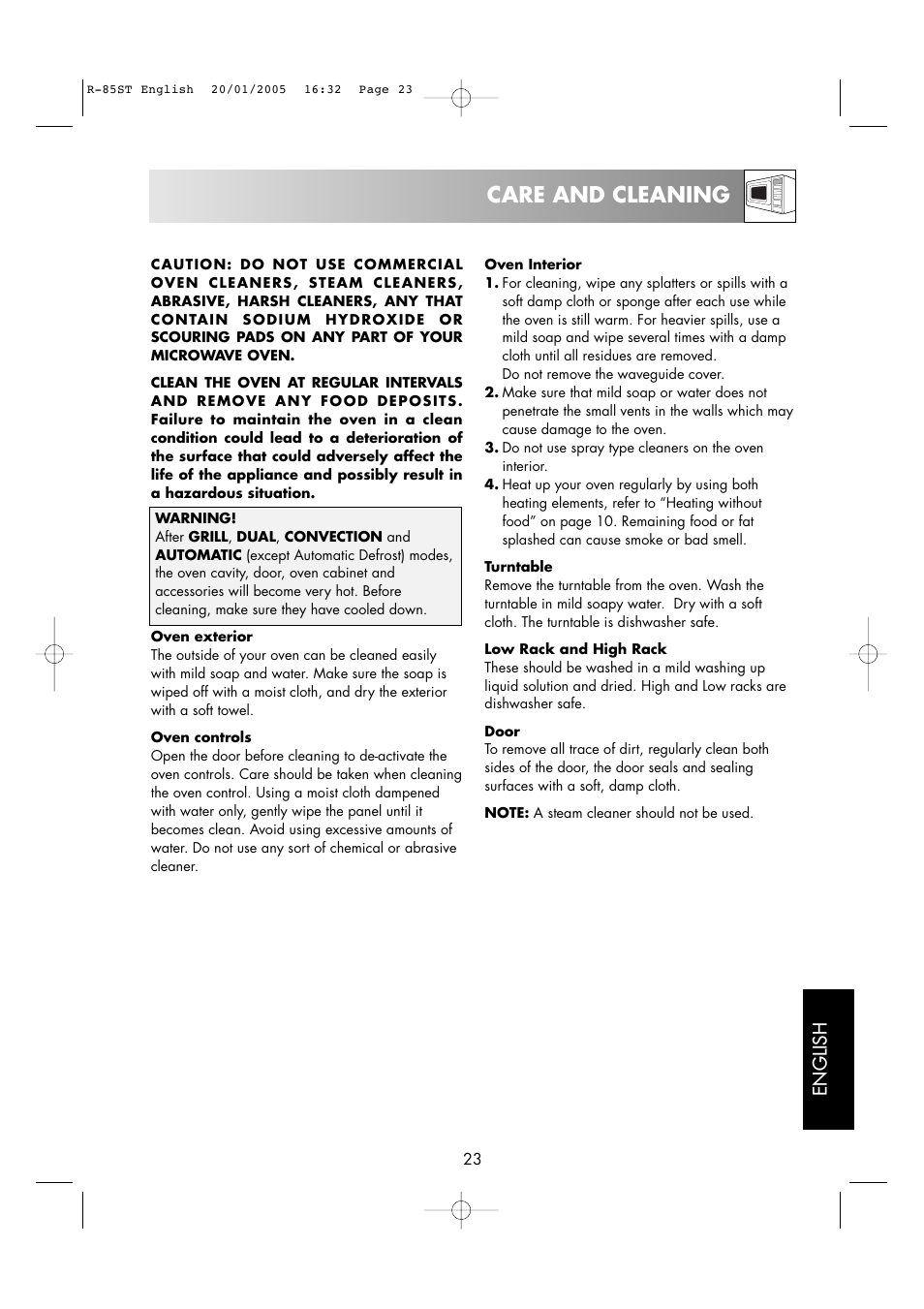 Care and cleaning, English | Sharp R-85ST User Manual | Page 25 / 35