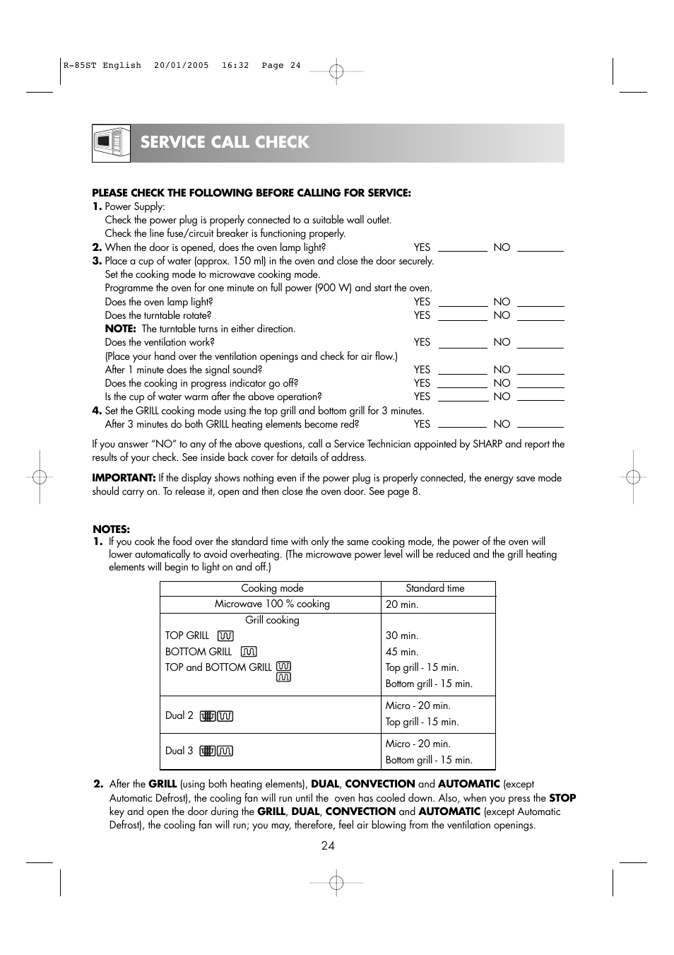 Service call check | Sharp R-85ST User Manual | Page 26 / 35