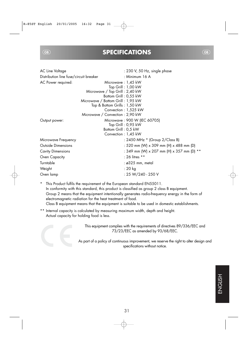 Specifications, English | Sharp R-85ST User Manual | Page 33 / 35