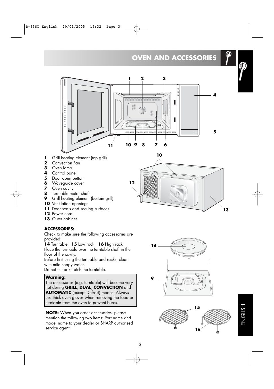 Oven and accessories, English | Sharp R-85ST User Manual | Page 5 / 35