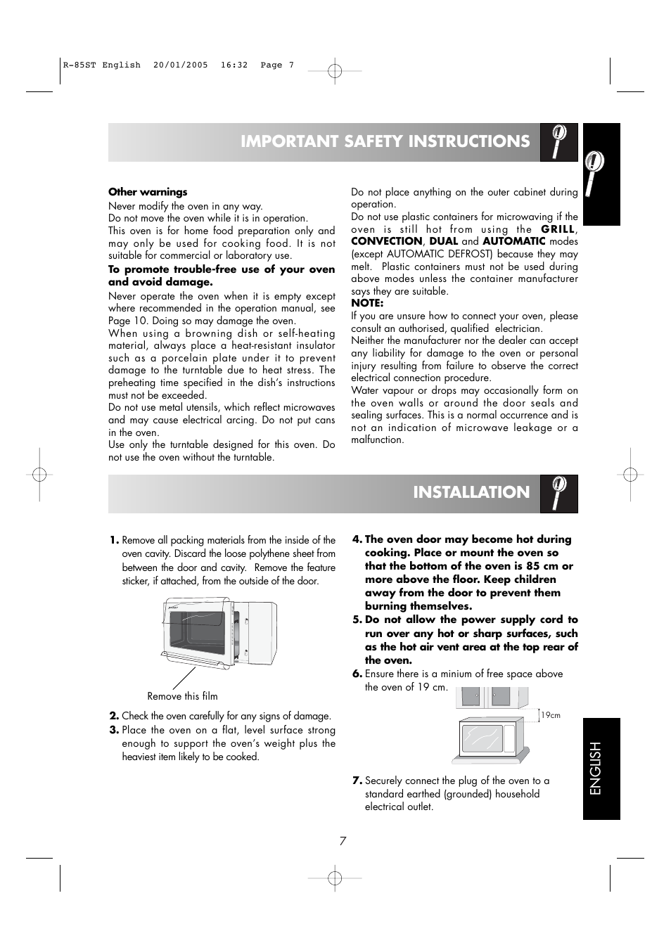 Important safety instructions, Installation, English | Sharp R-85ST User Manual | Page 9 / 35