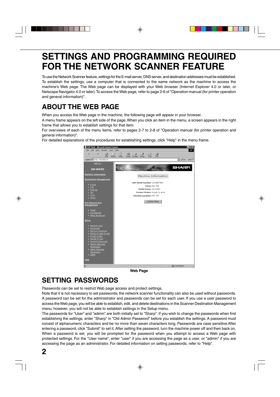 About the web page, Setting passwords | Sharp Network Scanner User Manual | Page 4 / 32