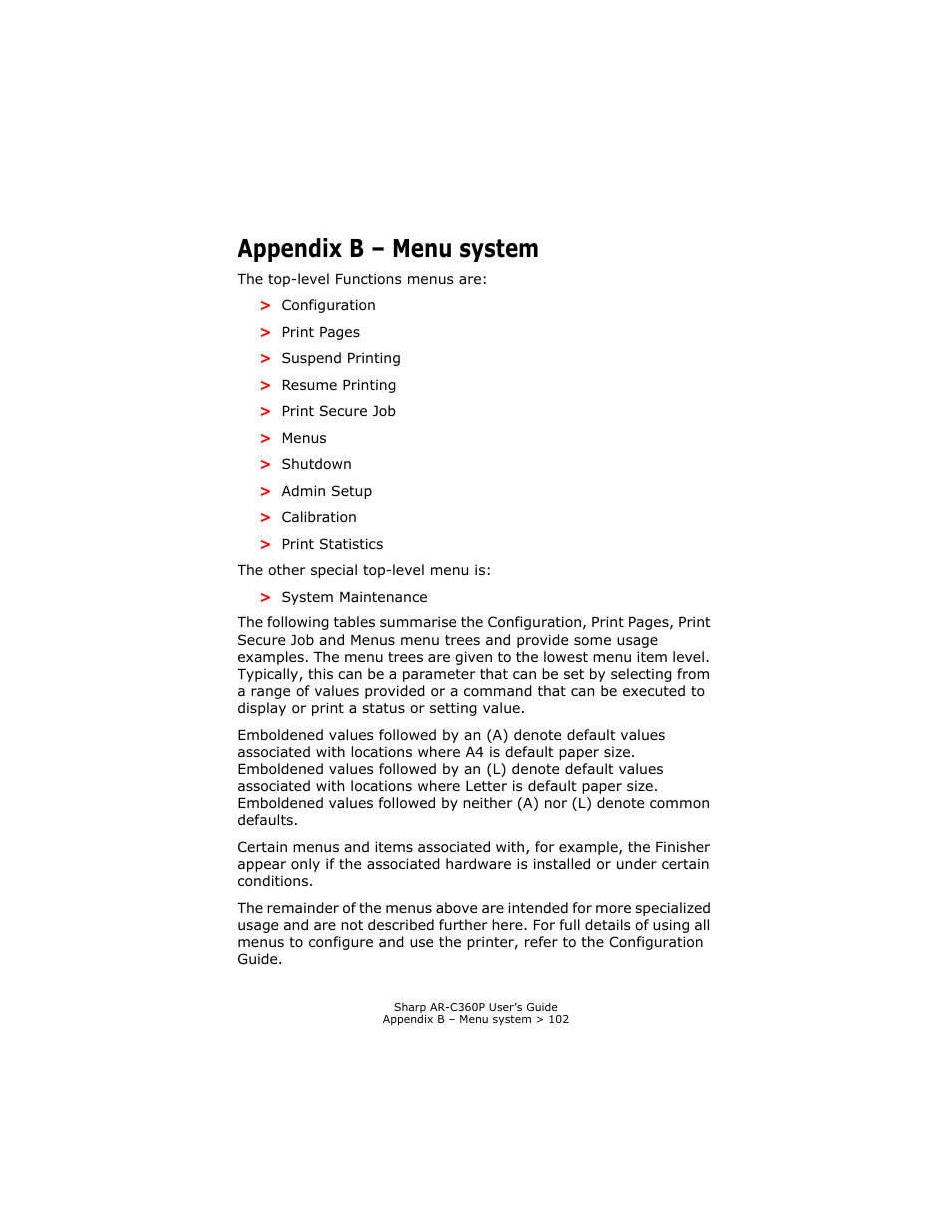 Appendix b - menu system, Appendix b – menu system, Appendix b – menu system” on | For examples | Sharp AR-C360P User Manual | Page 102 / 121