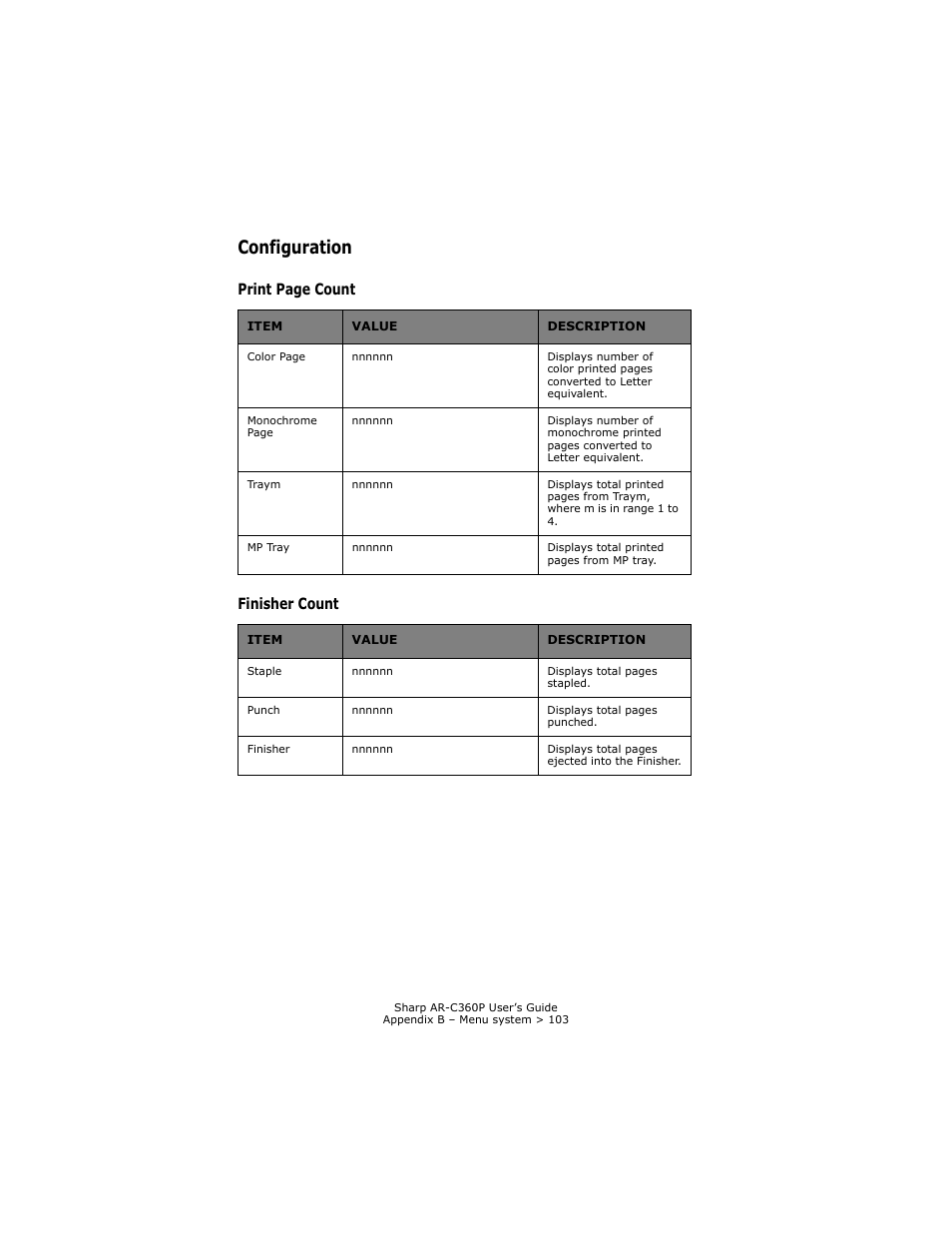 Configuration, Finisher count, Print page count finisher count | Sharp AR-C360P User Manual | Page 103 / 121