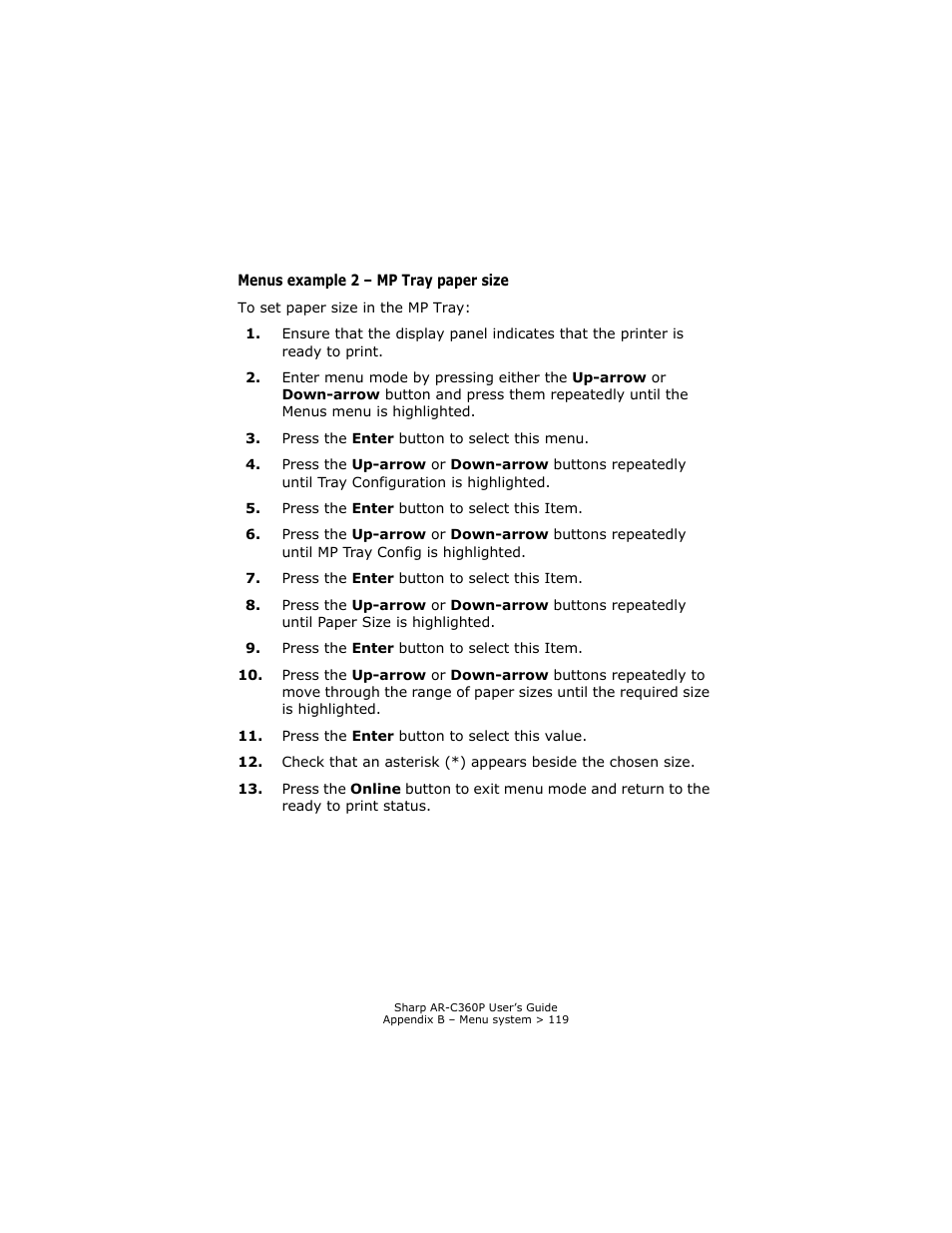 Menus example 2 - mp tray paper size, Menus example 2 – mp tray paper size | Sharp AR-C360P User Manual | Page 119 / 121