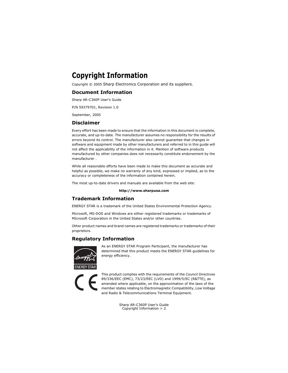 Copyright information, Document information, Disclaimer | Trademark information, Regulatory information | Sharp AR-C360P User Manual | Page 2 / 121
