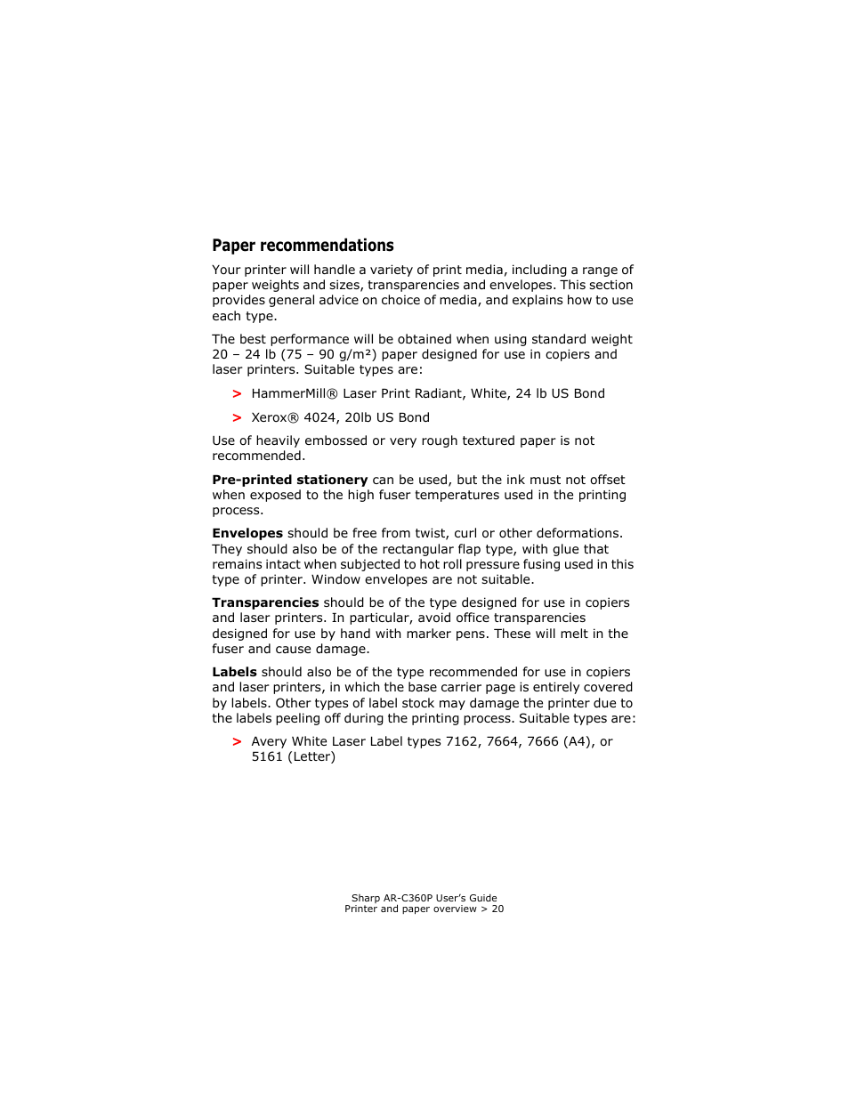 Paper recommendations | Sharp AR-C360P User Manual | Page 20 / 121