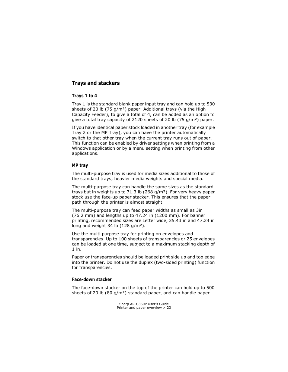 Trays and stackers, Trays 1 to 4, Mp tray | Face-down stacker, Trays 1 to 4 mp tray face-down stacker | Sharp AR-C360P User Manual | Page 23 / 121