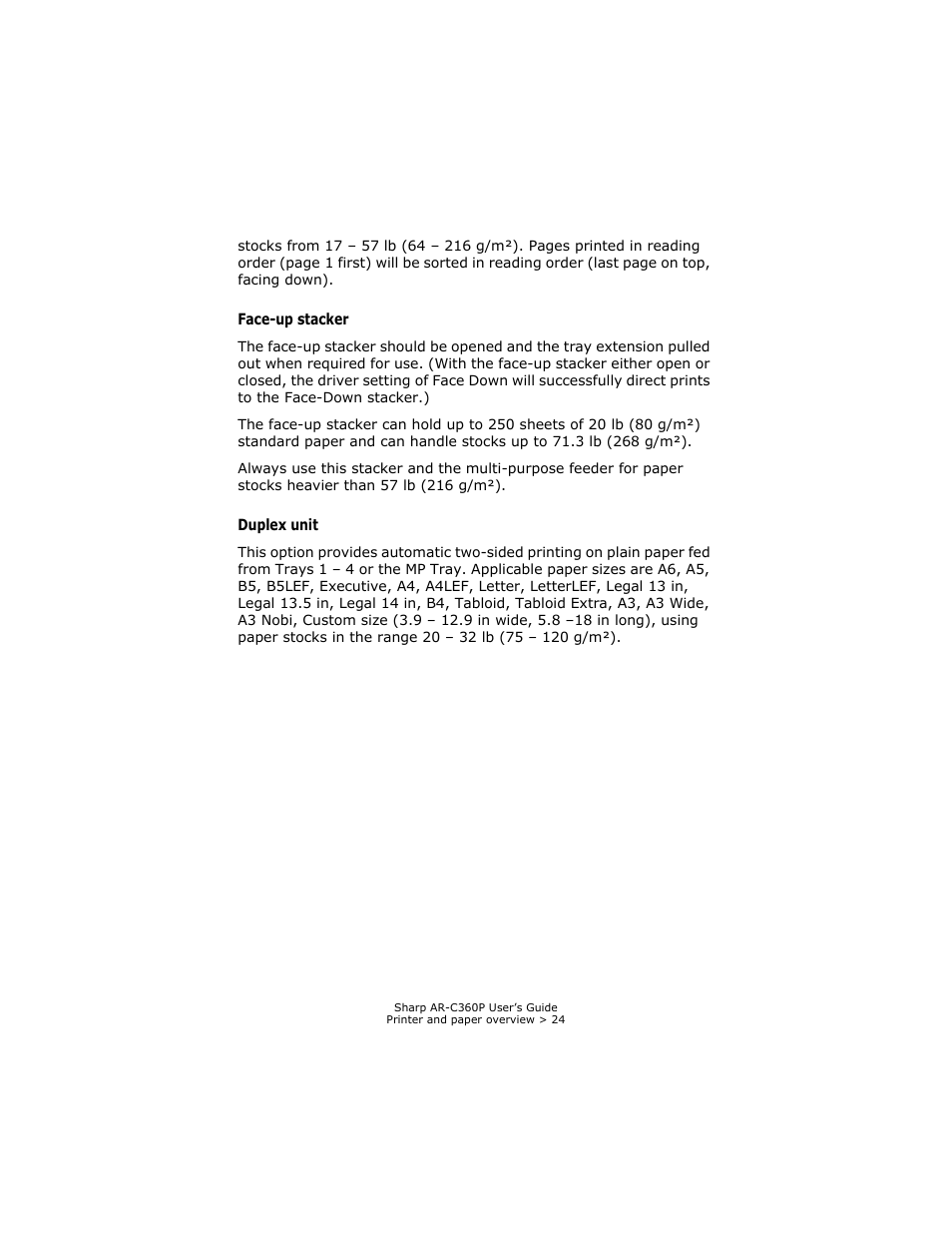Face-up stacker, Duplex unit, Face-up stacker duplex unit | Sharp AR-C360P User Manual | Page 24 / 121