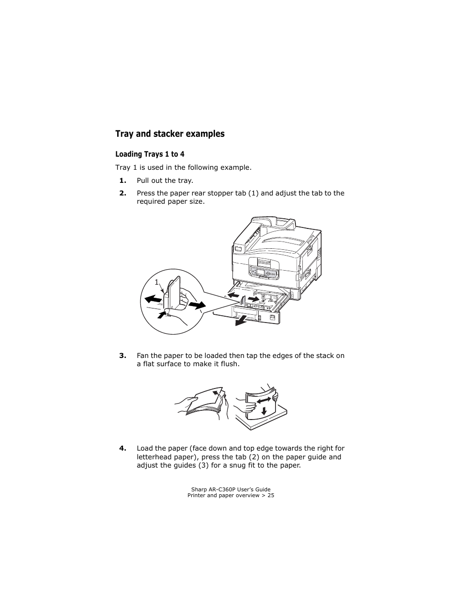 Tray and stacker examples, Loading trays 1 to 4 | Sharp AR-C360P User Manual | Page 25 / 121