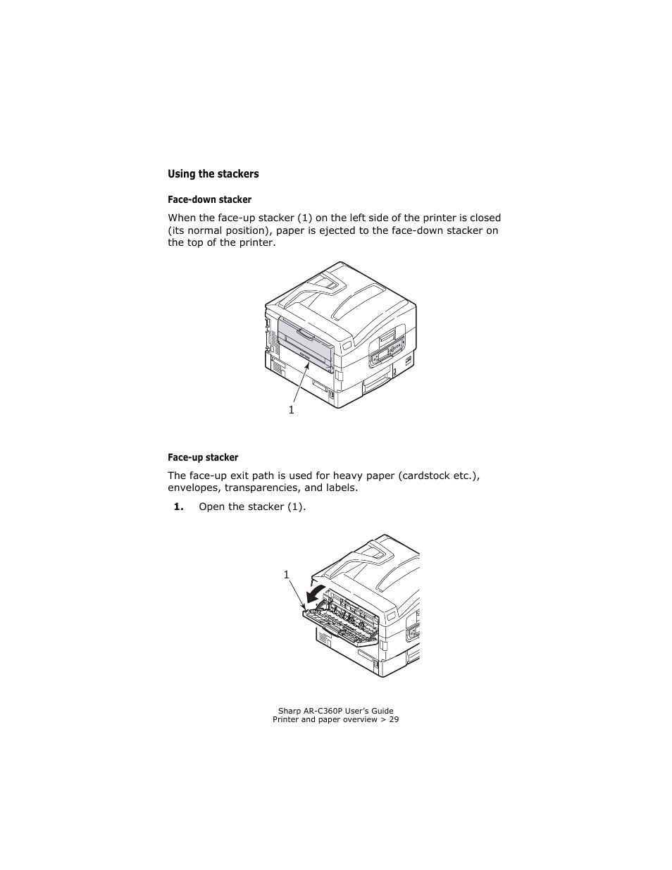 Using the stackers, Face-down stacker, Face-up stacker | Sharp AR-C360P User Manual | Page 29 / 121