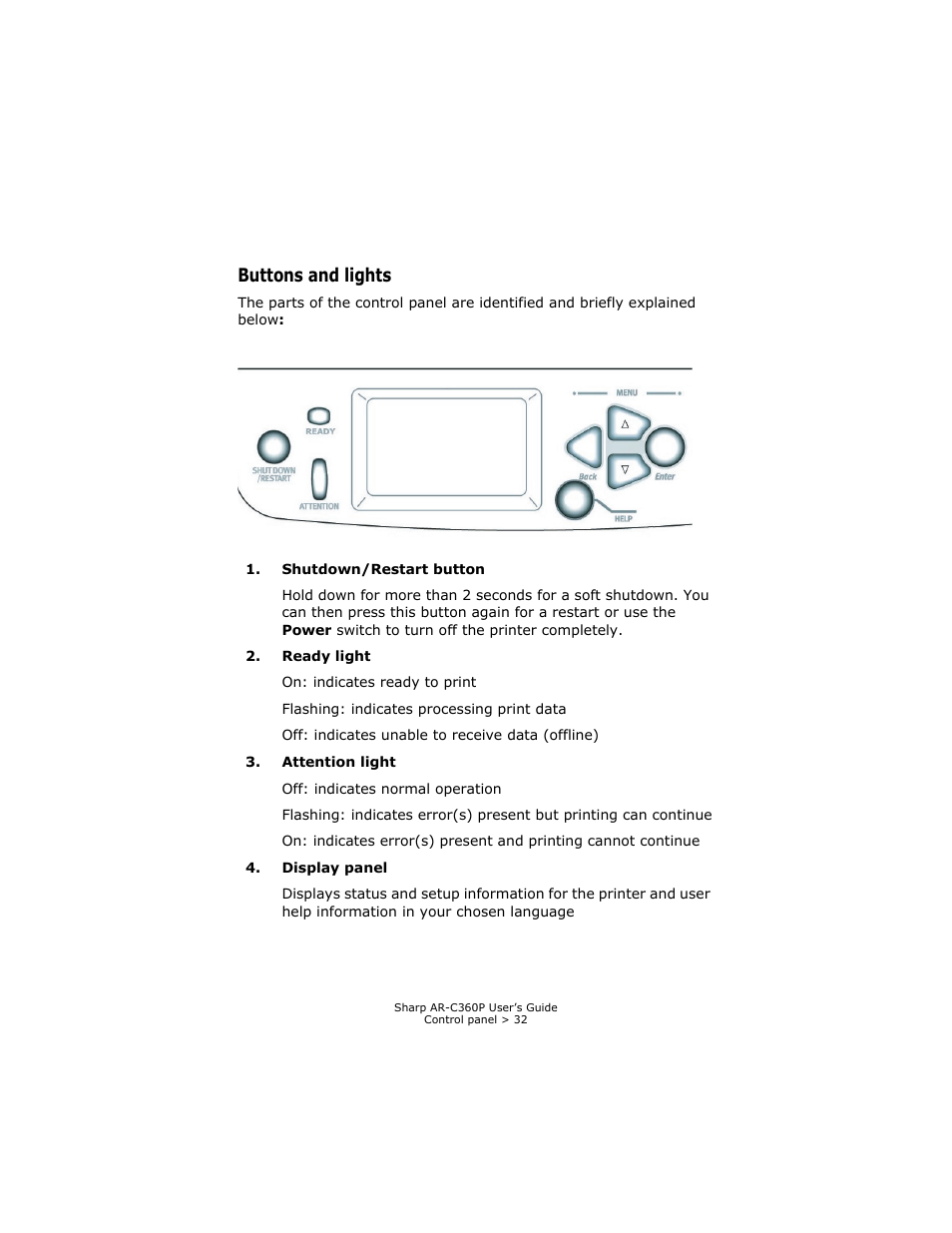 Buttons and lights | Sharp AR-C360P User Manual | Page 32 / 121