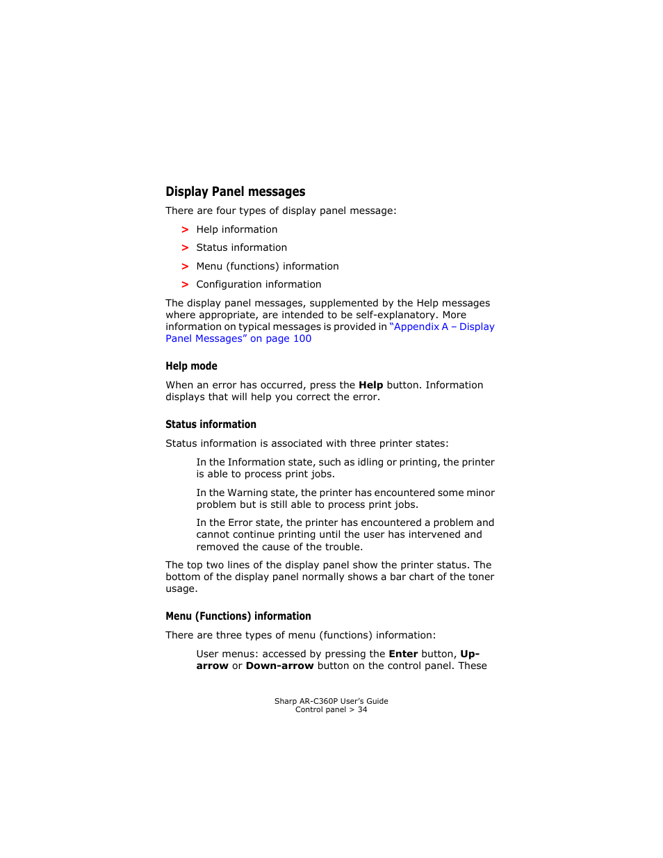 Display panel messages, Help mode, Status information | Menu (functions) information | Sharp AR-C360P User Manual | Page 34 / 121