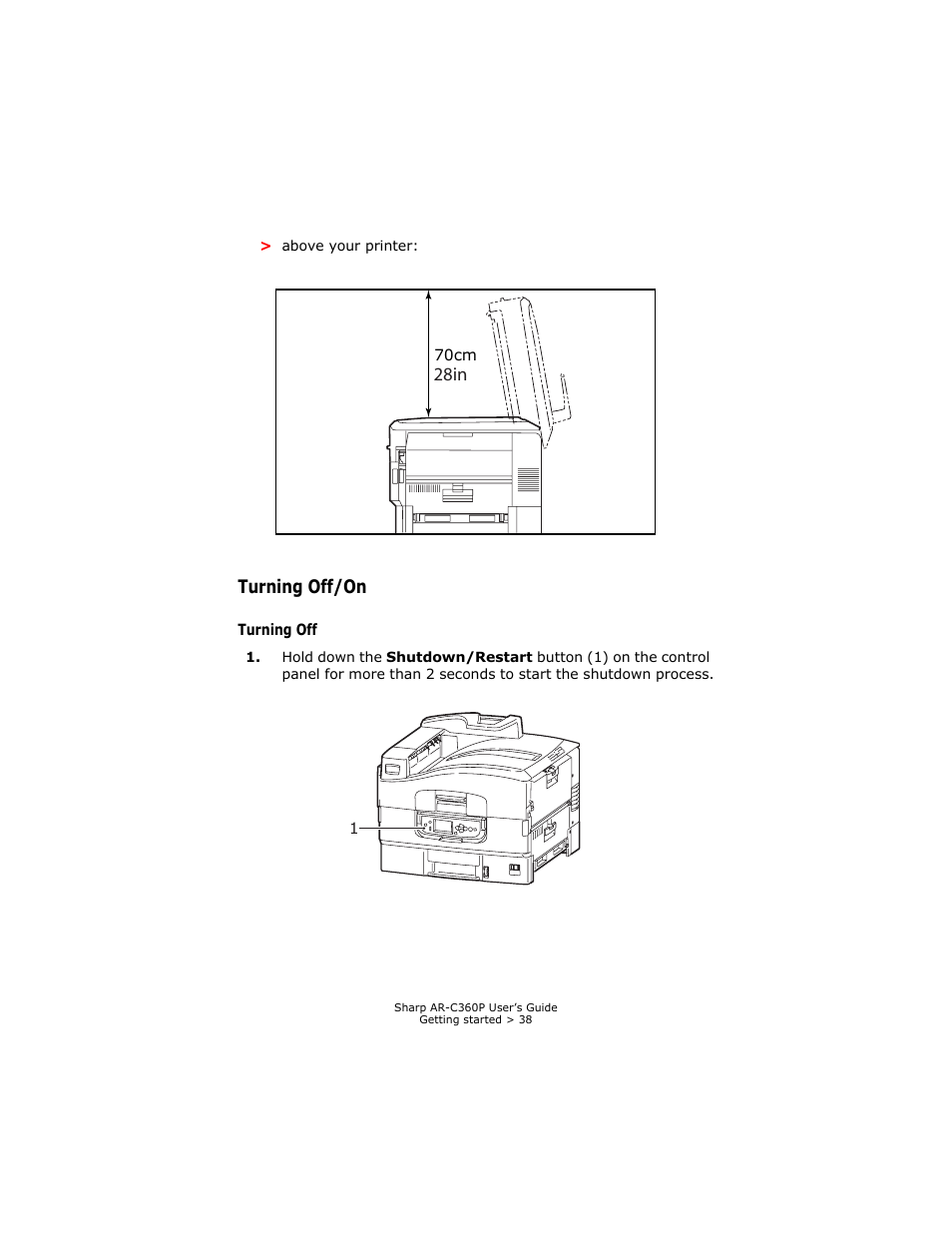 Turning off/on, Turning off, 28in | Sharp AR-C360P User Manual | Page 38 / 121