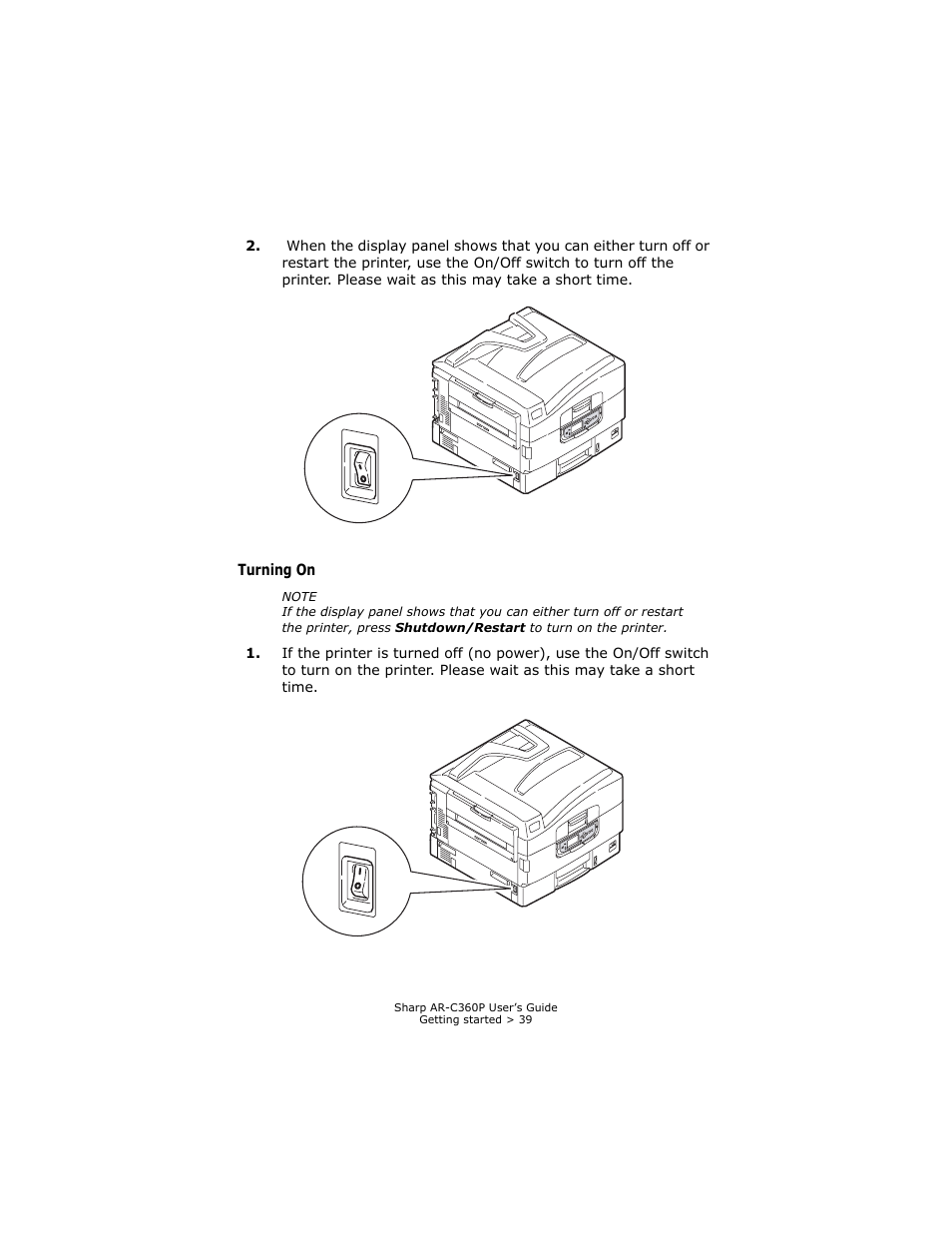 Turning on | Sharp AR-C360P User Manual | Page 39 / 121