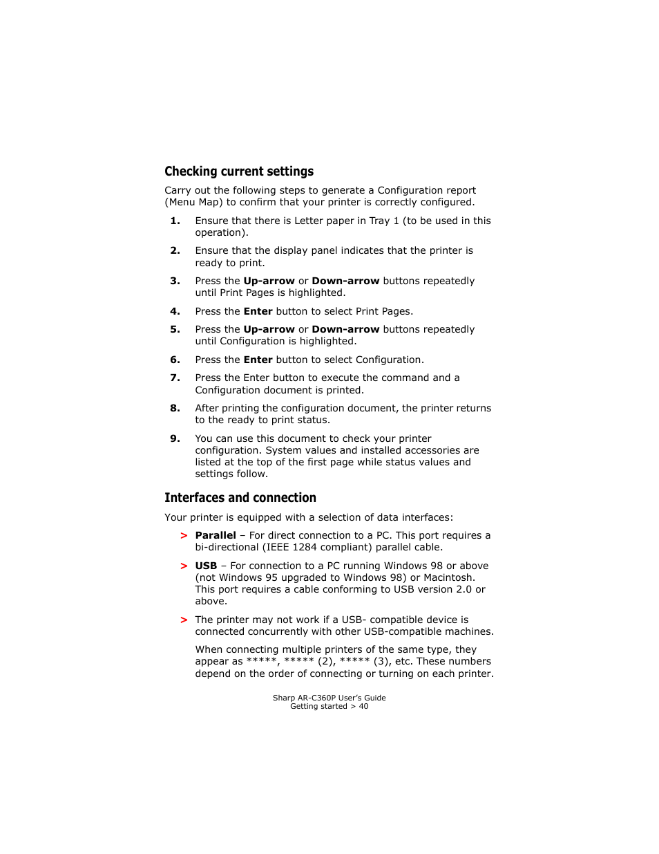 Checking current settings, Interfaces and connection | Sharp AR-C360P User Manual | Page 40 / 121