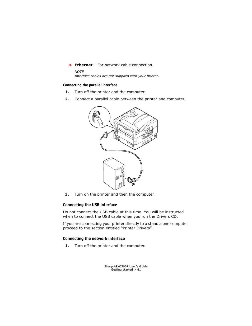 Connecting the parallel interface, Connecting the usb interface, Connecting the network interface | Sharp AR-C360P User Manual | Page 41 / 121