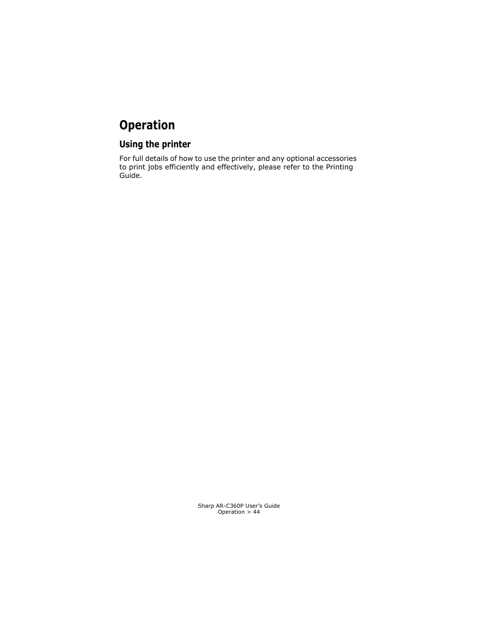 Operation, Using the printer | Sharp AR-C360P User Manual | Page 44 / 121