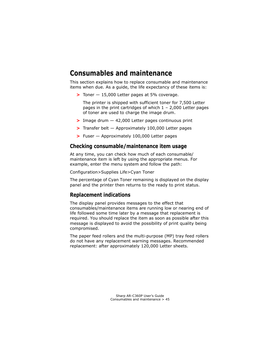Consumables and maintenance, Checking consumable/maintenance item usage, Replacement indications | Sharp AR-C360P User Manual | Page 45 / 121
