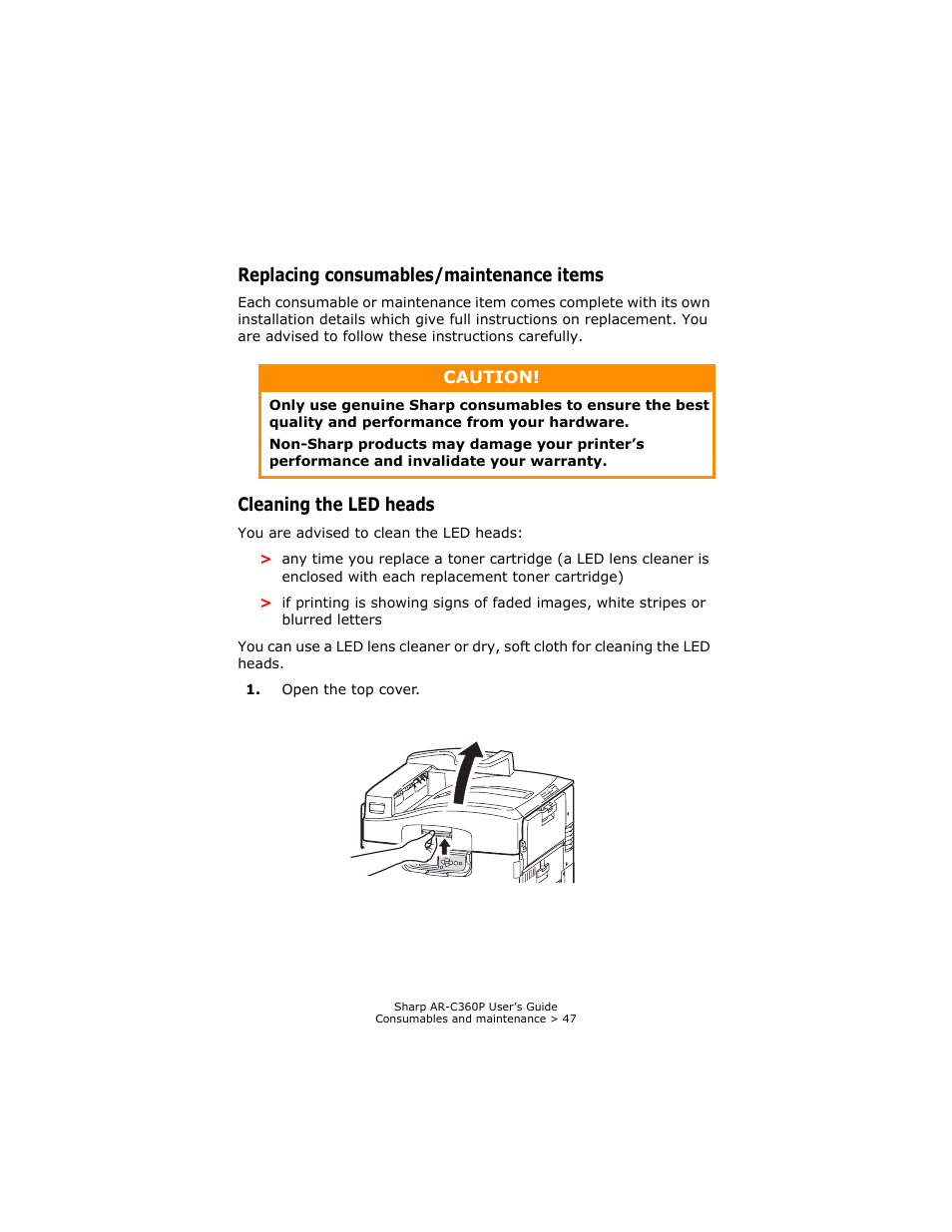 Replacing consumables/maintenance items, Cleaning the led heads | Sharp AR-C360P User Manual | Page 47 / 121