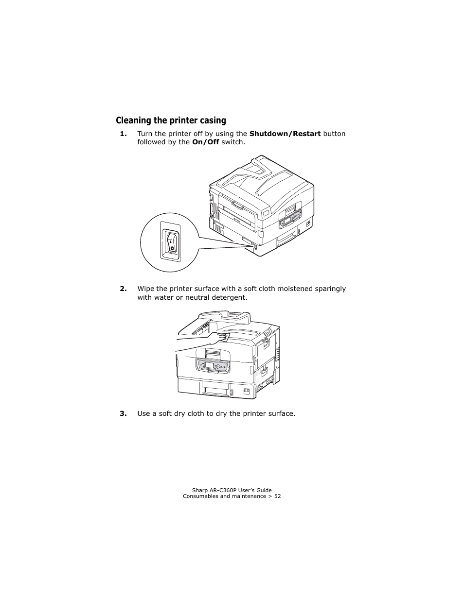 Cleaning the printer casing | Sharp AR-C360P User Manual | Page 52 / 121