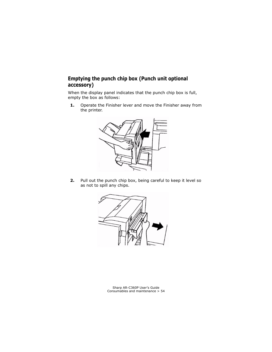 Emptying the punch chip box, Punch unit optional accessory) | Sharp AR-C360P User Manual | Page 54 / 121