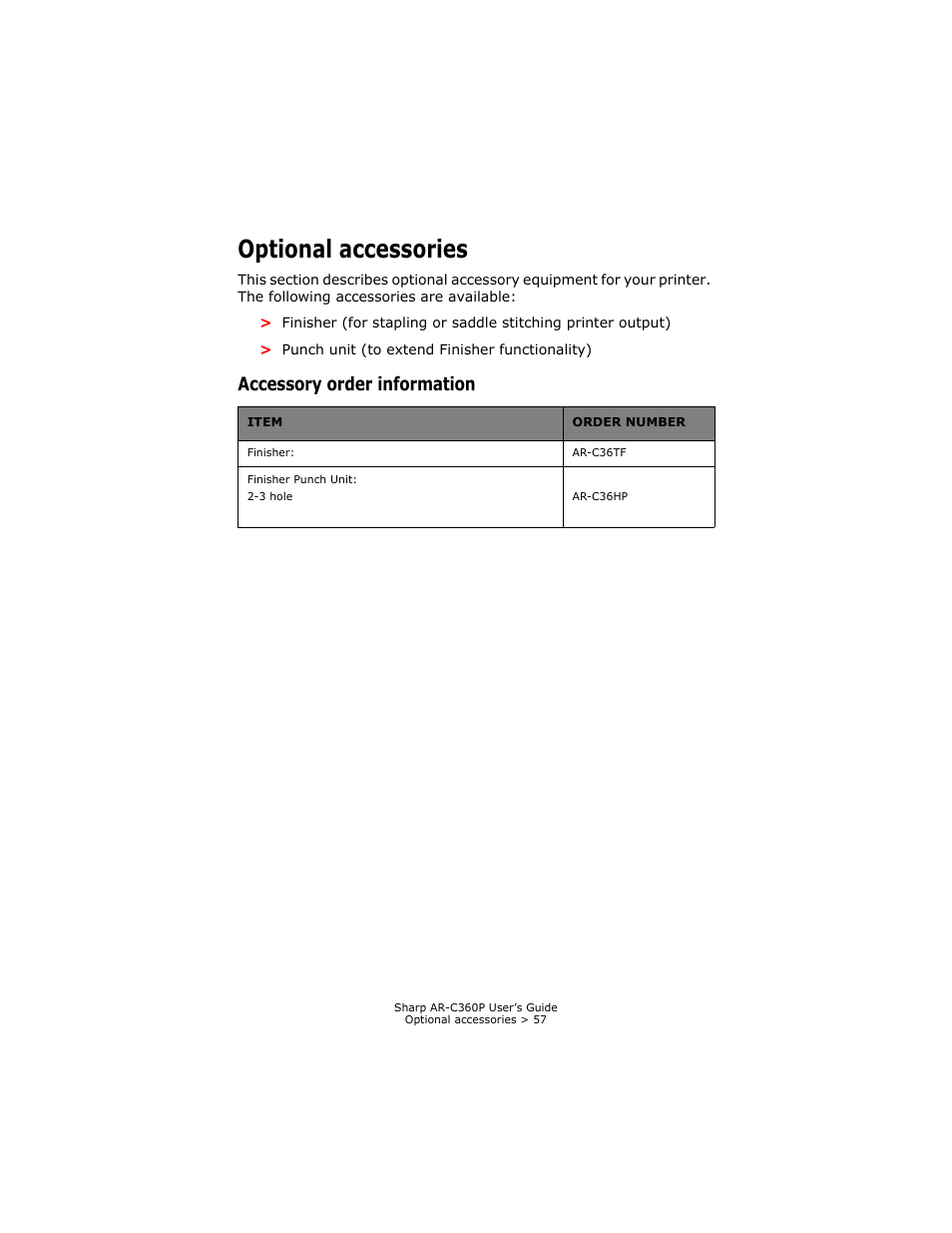 Optional accessories, Accessory order information | Sharp AR-C360P User Manual | Page 57 / 121