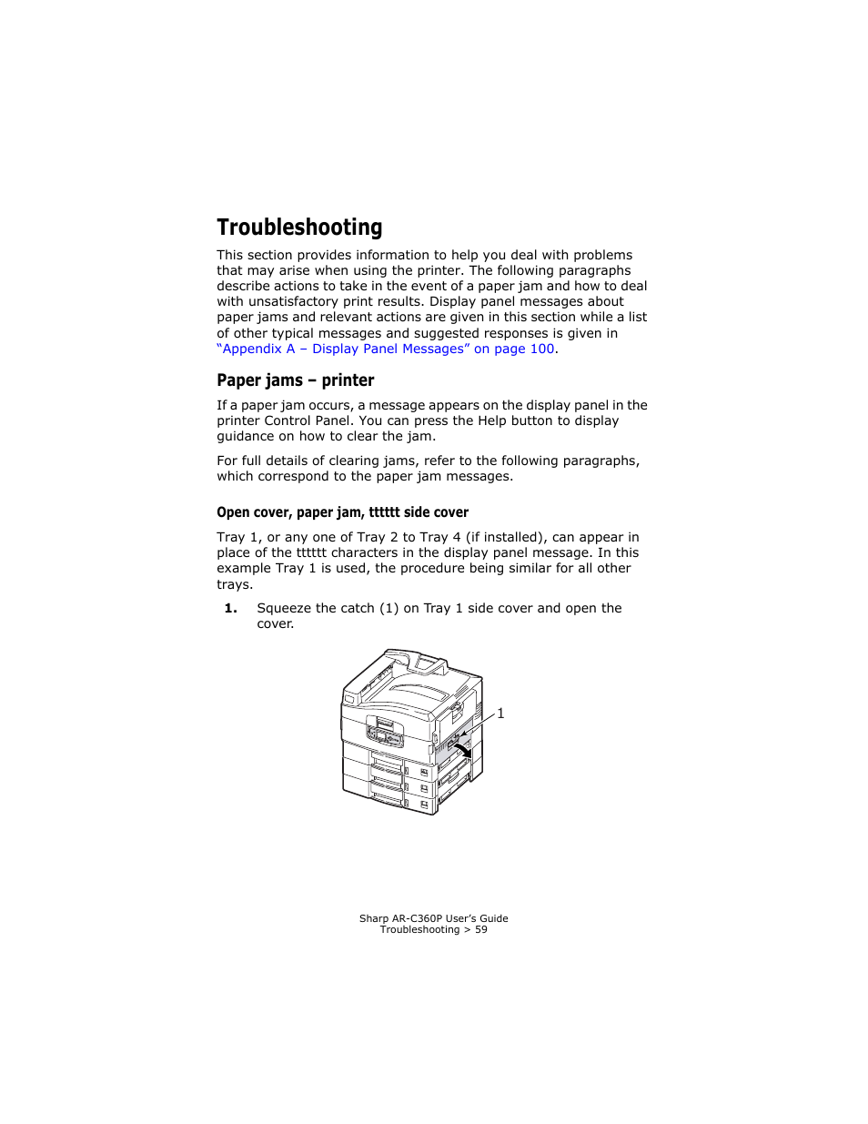 Troubleshooting, Paper jams - printer, Open cover, paper jam, tttttt side cover | Paper jams – printer | Sharp AR-C360P User Manual | Page 59 / 121