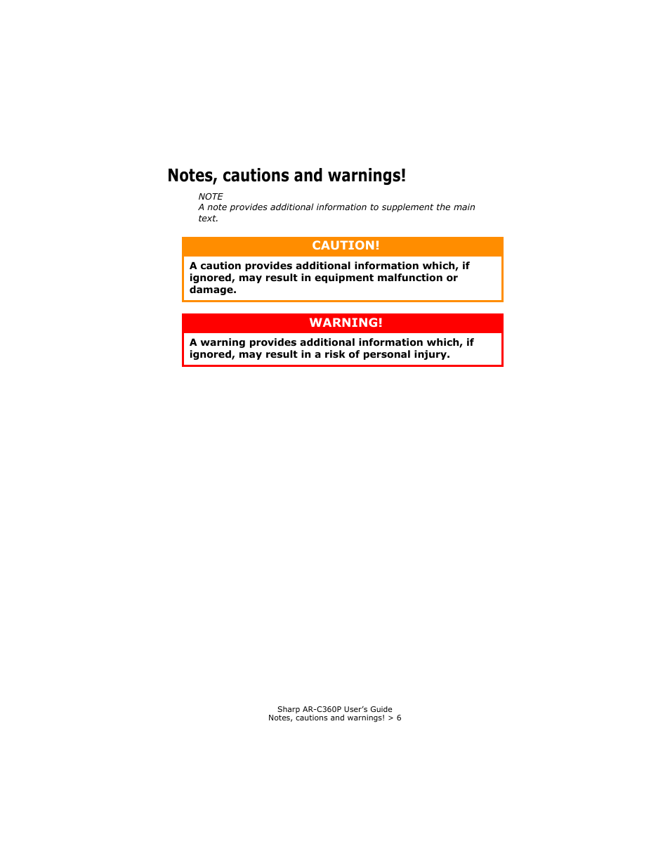 Notes, cautions and warnings | Sharp AR-C360P User Manual | Page 6 / 121
