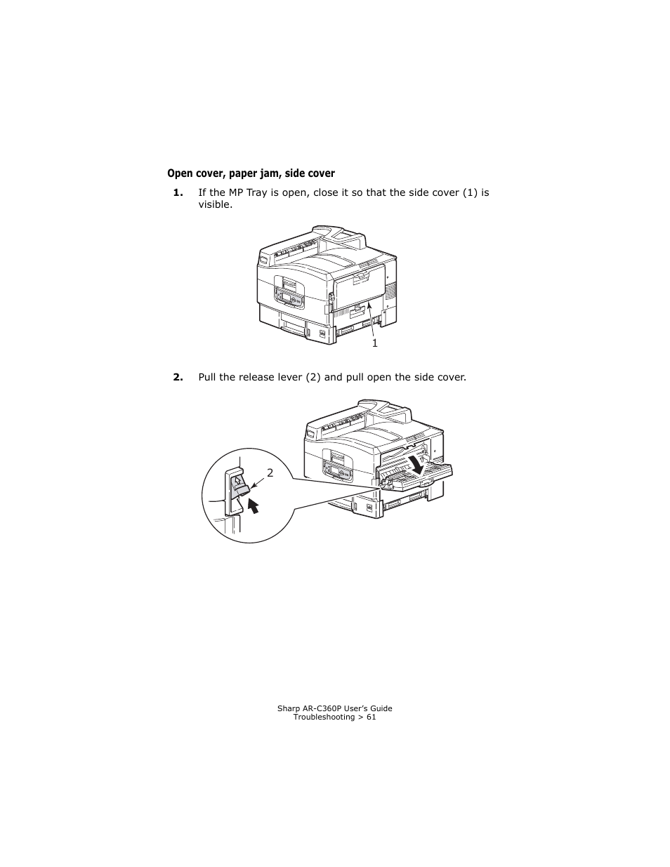 Open cover, paper jam, side cover | Sharp AR-C360P User Manual | Page 61 / 121