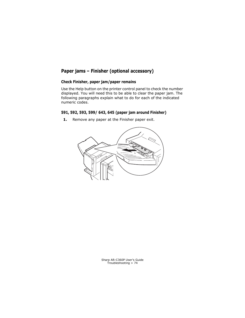 Paper jams - finisher (optional accessory), Check finisher, paper jam/paper remains, Paper jams – finisher (optional accessory) | Paper jam around finisher) | Sharp AR-C360P User Manual | Page 74 / 121