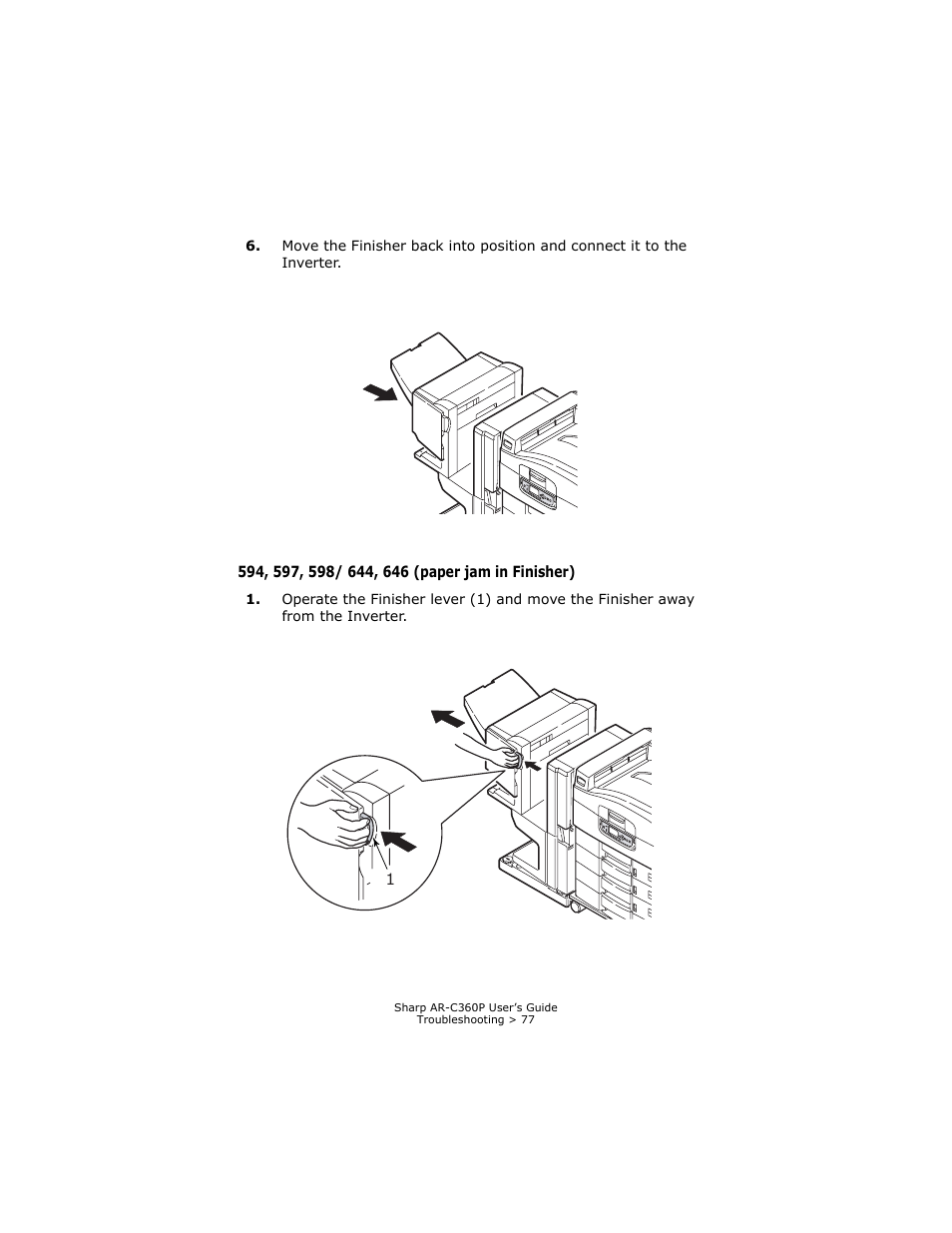 594, 597, 598/ 644, 646 (paper jam in finisher), Paper jam in finisher) | Sharp AR-C360P User Manual | Page 77 / 121