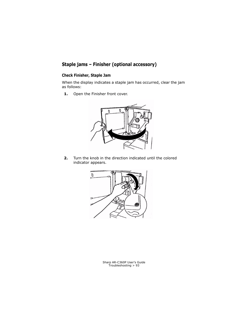 Staple jams - finisher (optional accessory), Check finisher, staple jam, Staple jams – finisher (optional accessory) | Sharp AR-C360P User Manual | Page 93 / 121