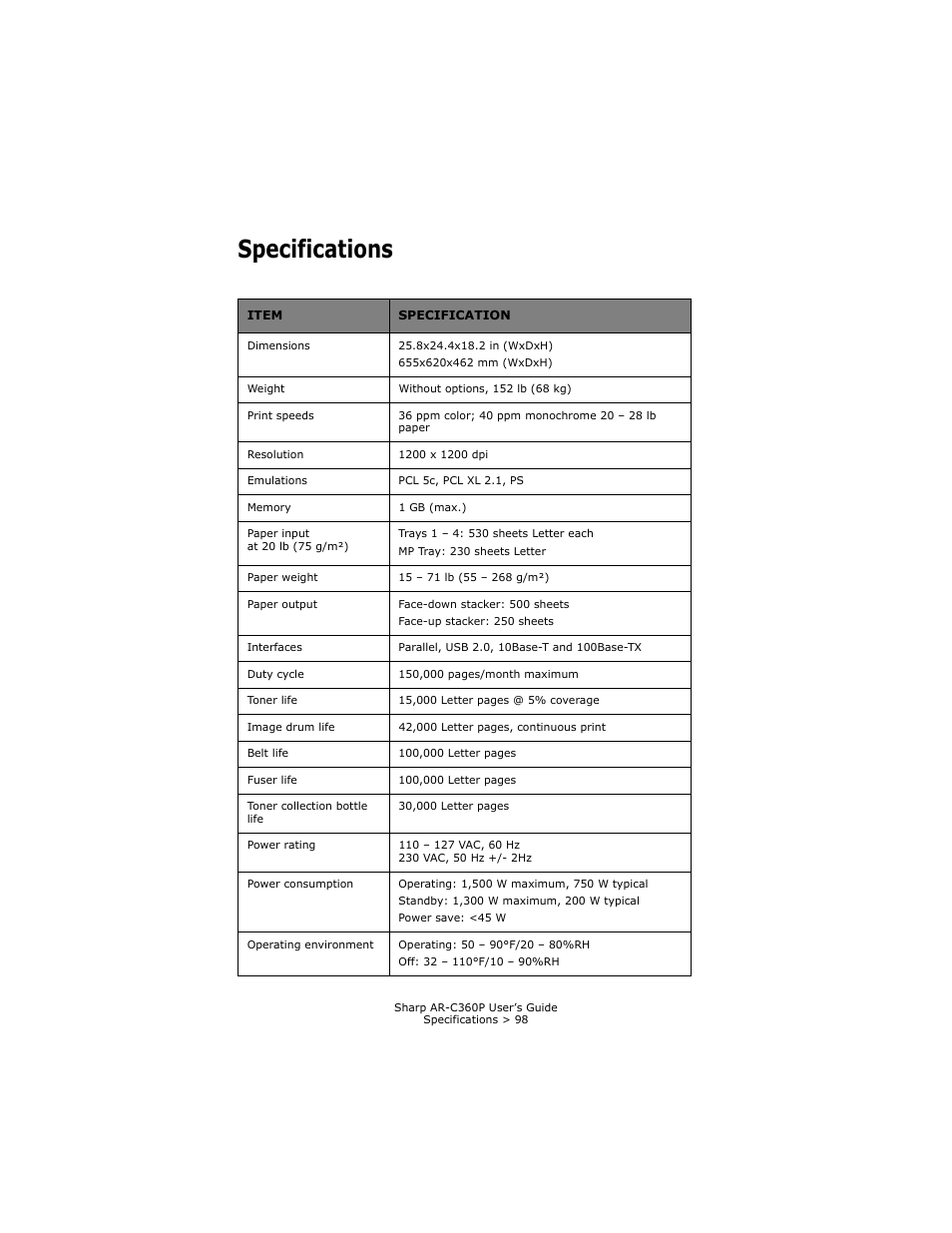 Specifications | Sharp AR-C360P User Manual | Page 98 / 121