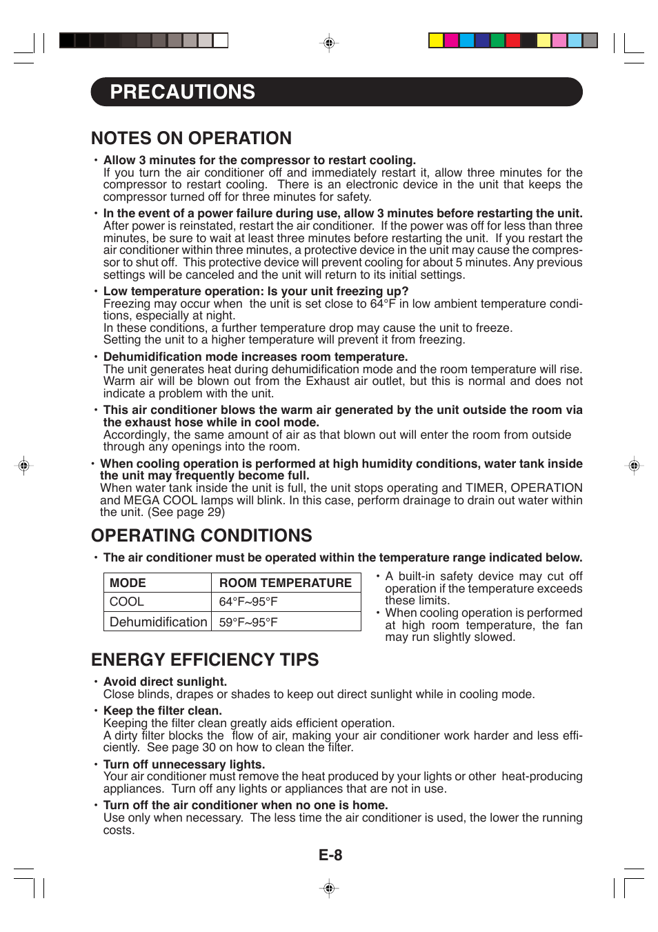 Precautions, Operating conditions, Energy efficiency tips | Sharp CV-P09LX User Manual | Page 10 / 96