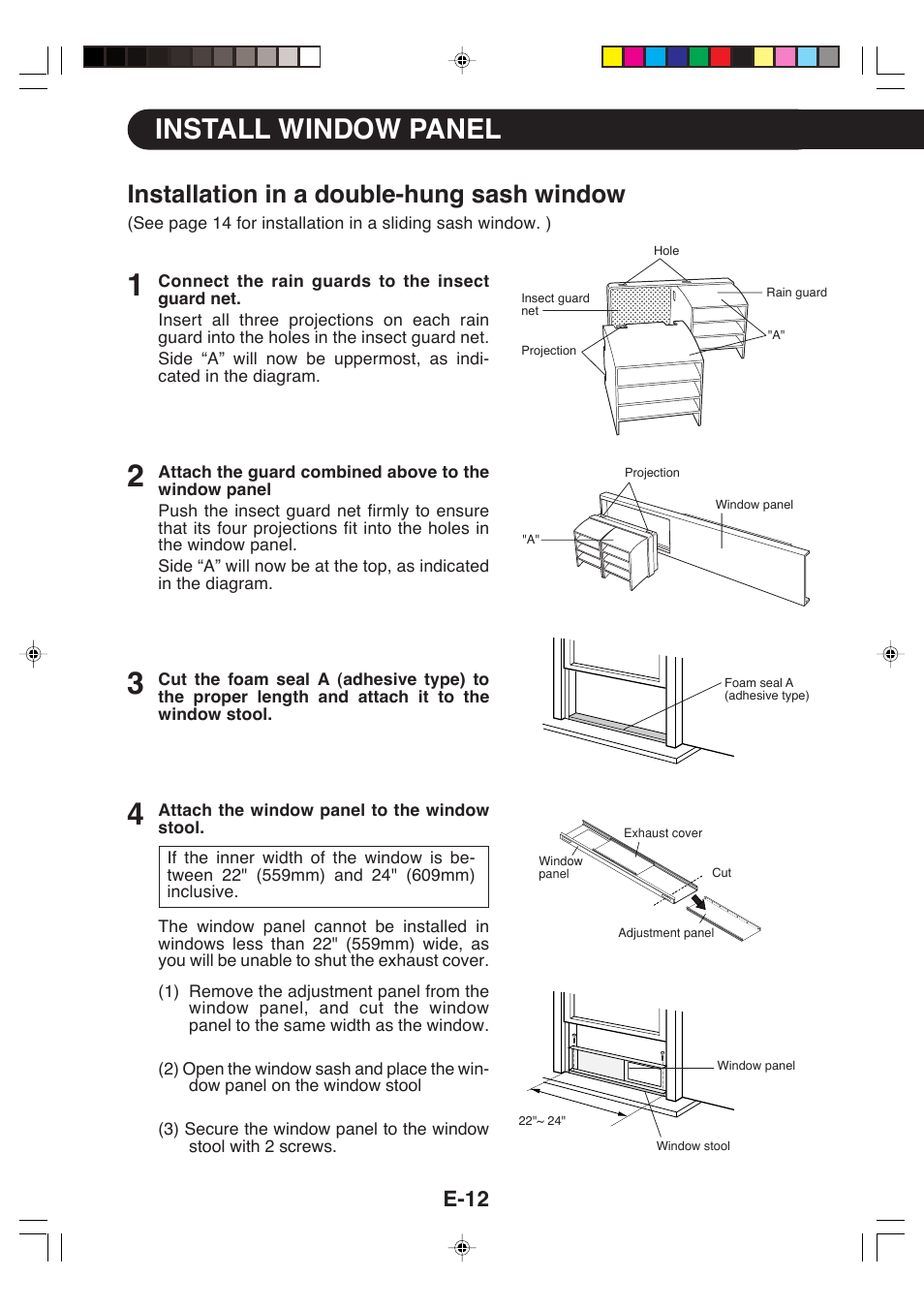 Install window panel, Installation in a double-hung sash window, E-12 | Sharp CV-P09LX User Manual | Page 14 / 96