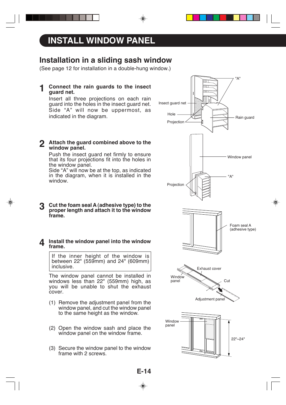 Install window panel, Installation in a sliding sash window, E-14 | Sharp CV-P09LX User Manual | Page 16 / 96