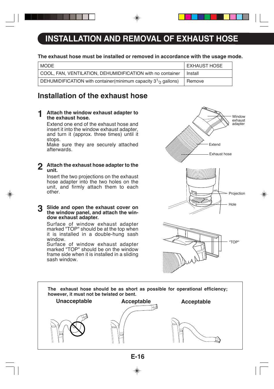 Installation and removal of exhaust hose, Installation of the exhaust hose, E-16 | Sharp CV-P09LX User Manual | Page 18 / 96