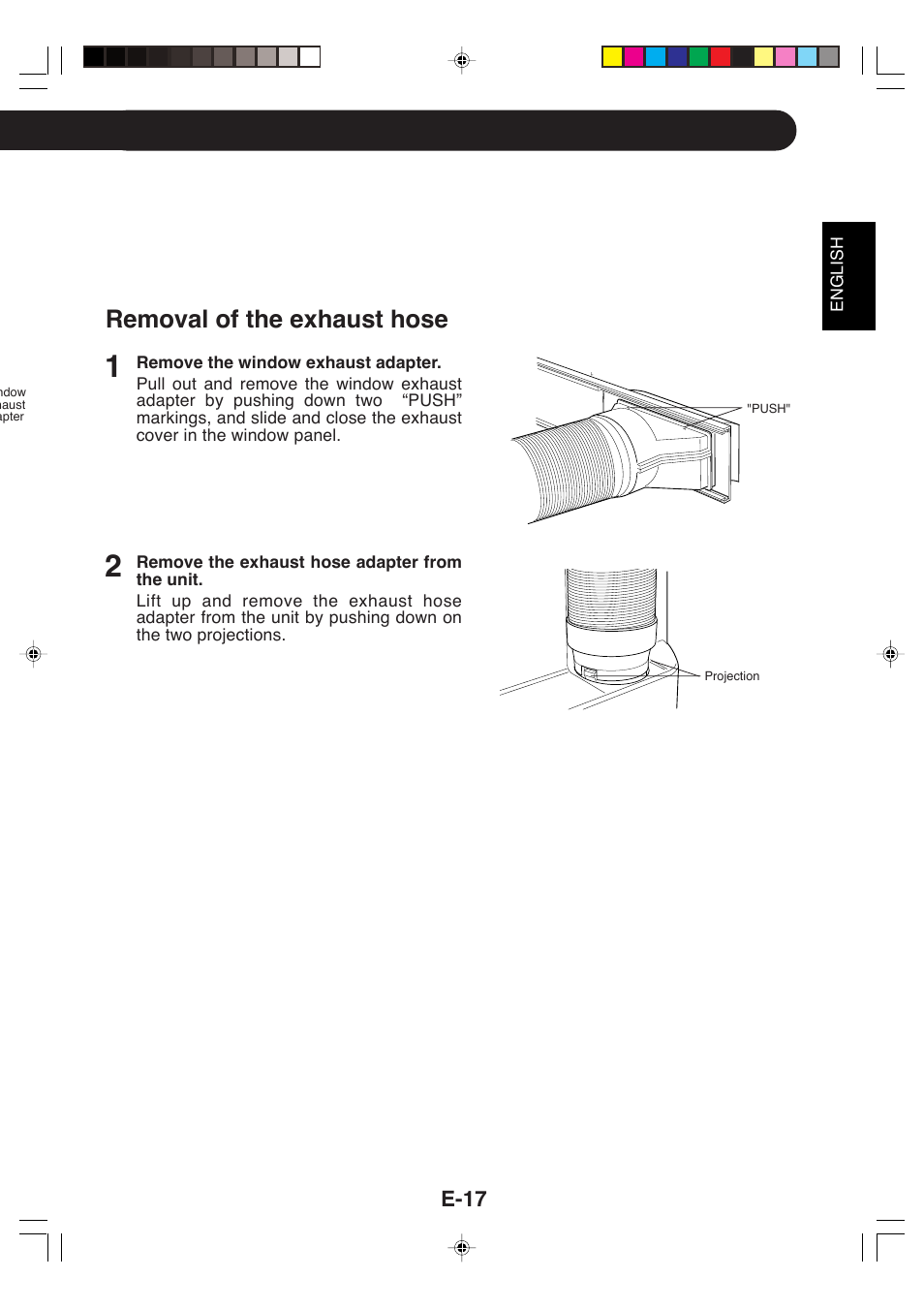 Removal of the exhaust hose, E-17 | Sharp CV-P09LX User Manual | Page 19 / 96