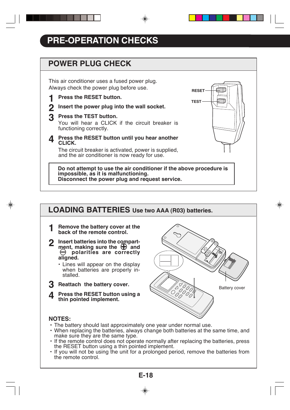 Pre-operation checks, Loading batteries, Power plug check | Sharp CV-P09LX User Manual | Page 20 / 96