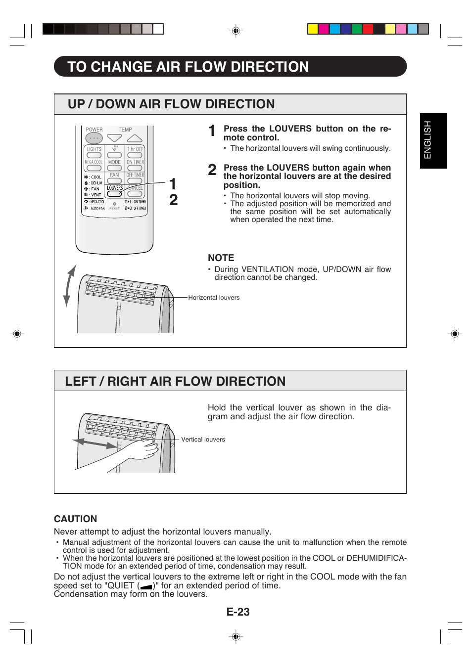 Up / down air flow direction, Left / right air flow direction | Sharp CV-P09LX User Manual | Page 25 / 96