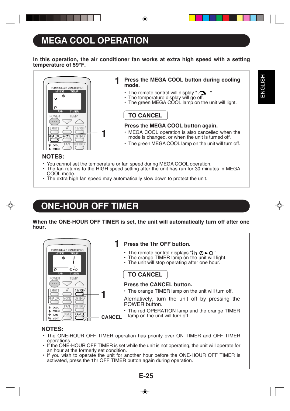 Mega cool operation, One-hour off timer | Sharp CV-P09LX User Manual | Page 27 / 96