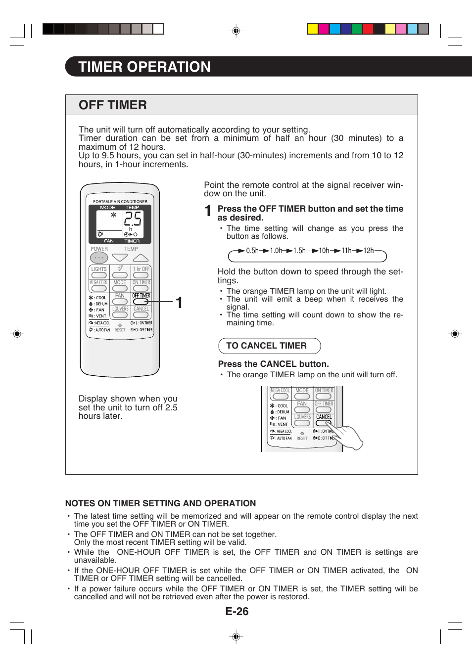 Timer operation, Off timer, E-26 | Sharp CV-P09LX User Manual | Page 28 / 96