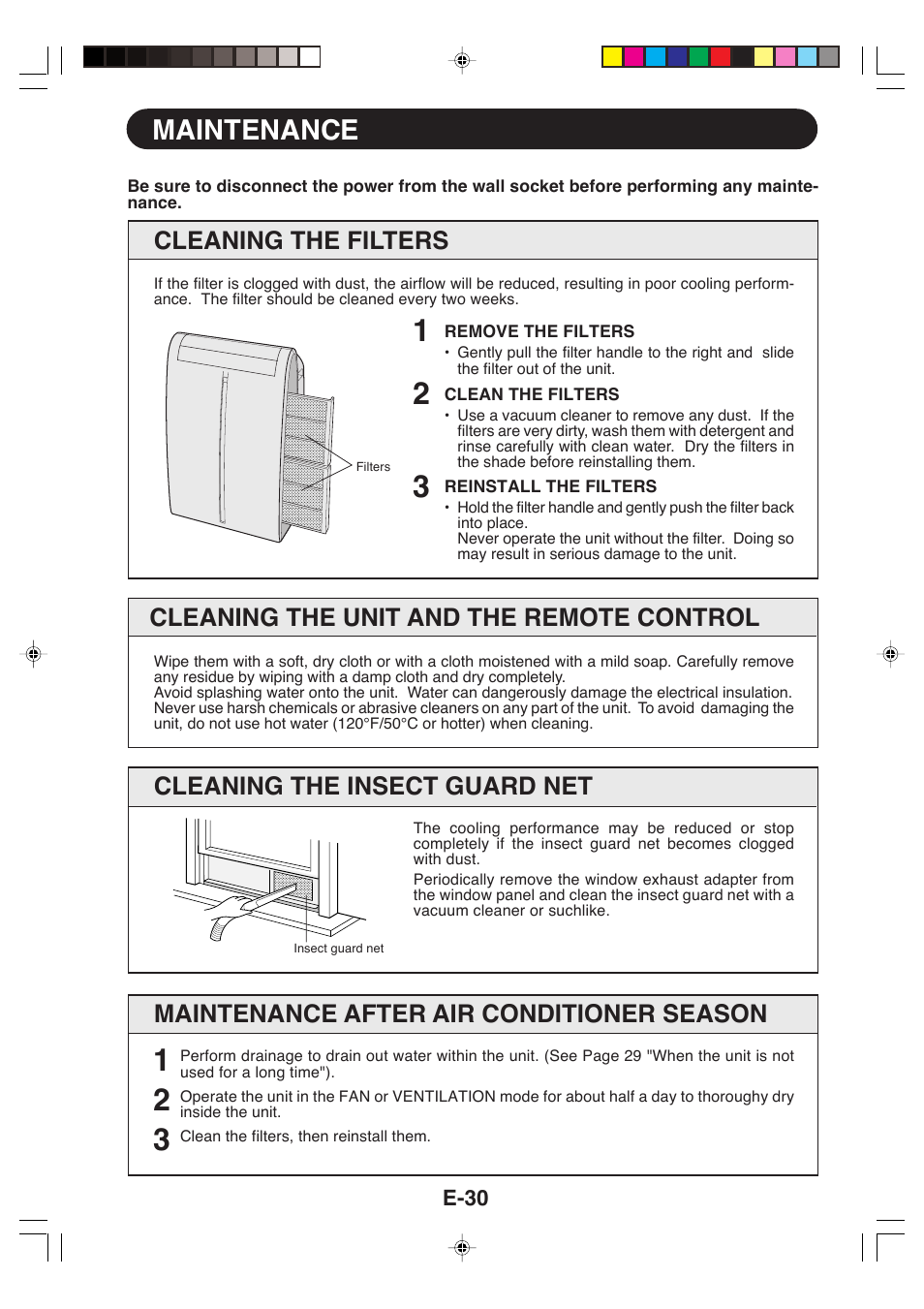 Maintenance, Cleaning the unit and the remote control, Cleaning the insect guard net | Cleaning the filters, Maintenance after air conditioner season | Sharp CV-P09LX User Manual | Page 32 / 96