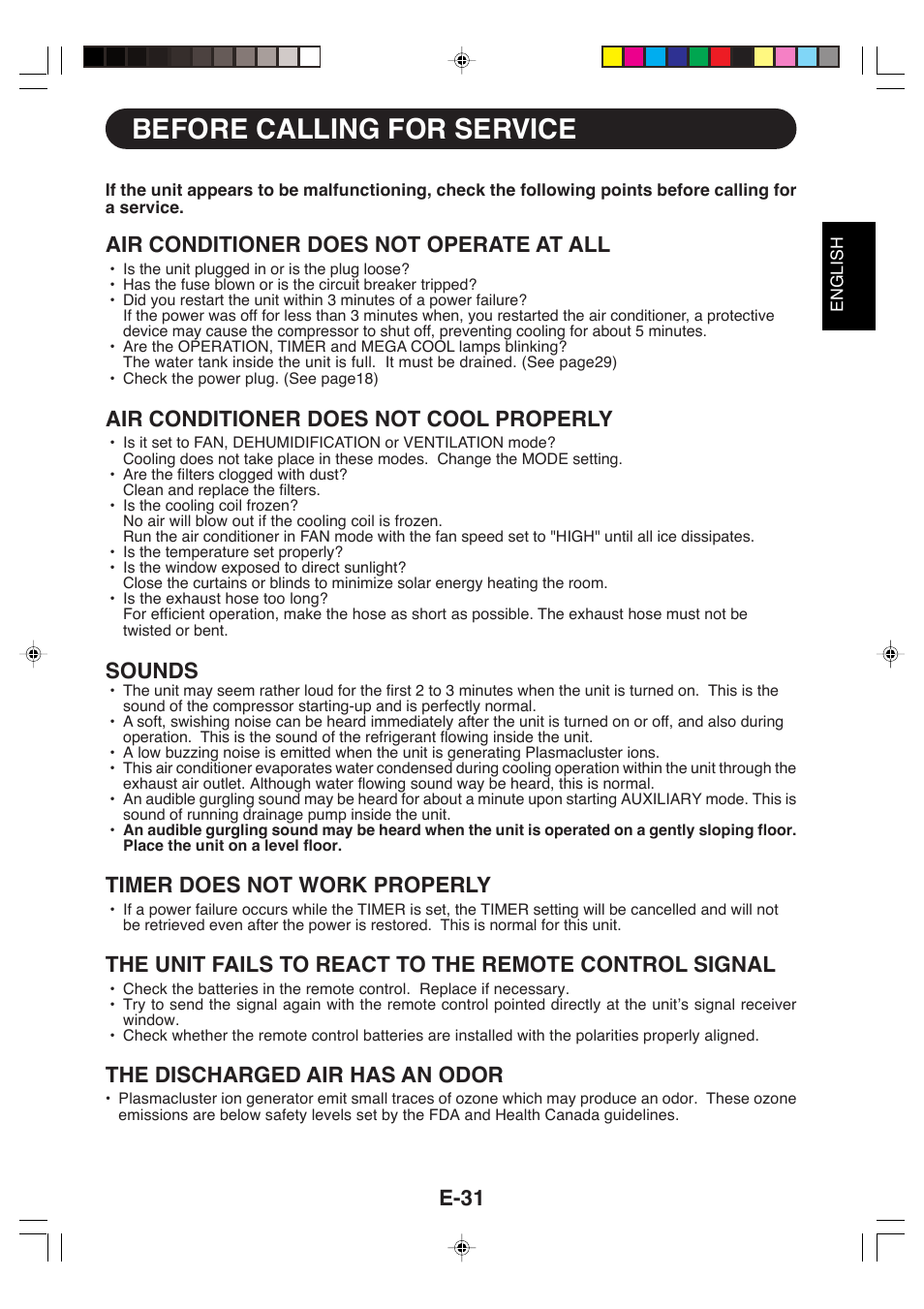 Before calling for service, Air conditioner does not operate at all, Air conditioner does not cool properly | Sounds, Timer does not work properly, The discharged air has an odor, E-31 | Sharp CV-P09LX User Manual | Page 33 / 96