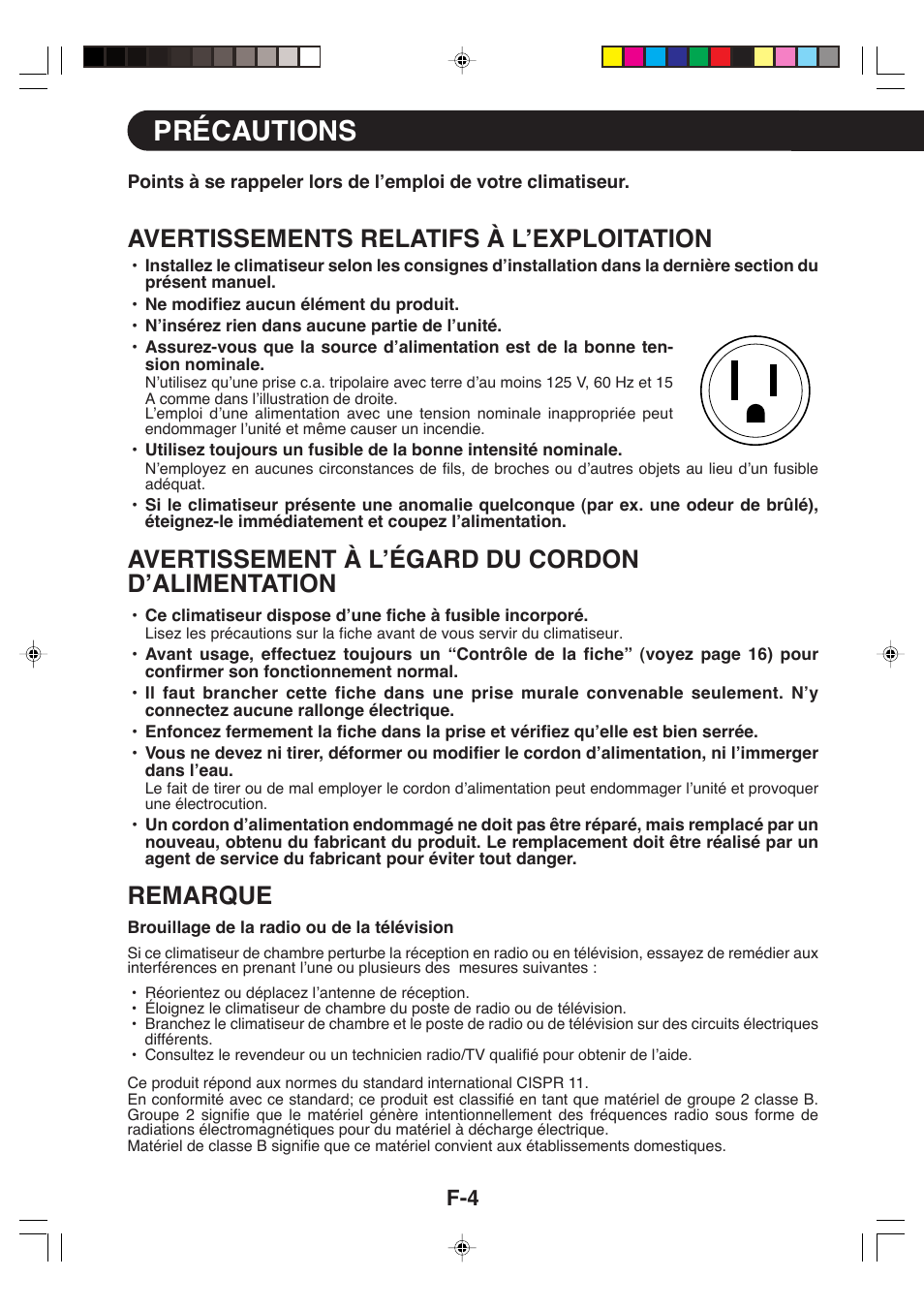 Précautions, Avertissements relatifs à l’exploitation, Avertissement à l’égard du cordon d’alimentation | Remarque | Sharp CV-P09LX User Manual | Page 38 / 96